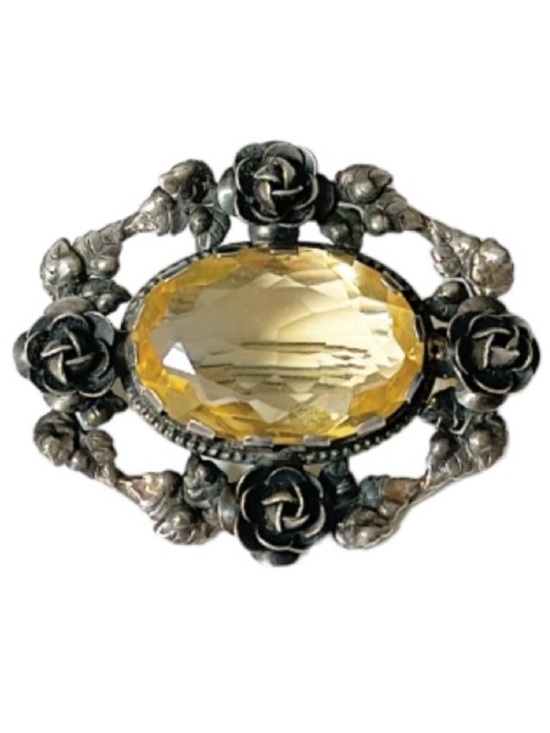 Vintage Jewelry - Vintage sterling silver rose frame yellow oval stone brooch pin